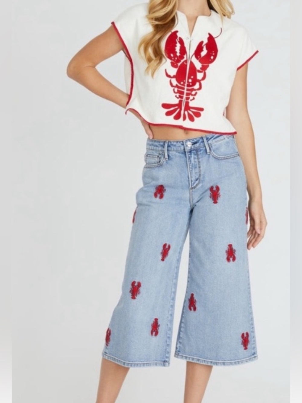 DRIFTWOOD Light Blue Wide-Leg Jeans with Red Embroidered Lobsters - Picture 11 of 12